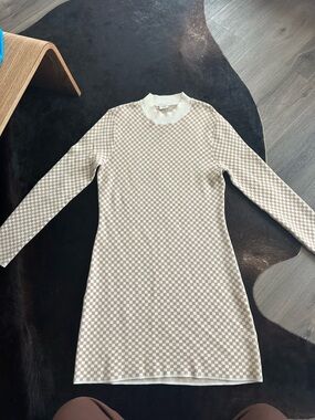 Abercrombie & Fitch Cream Tan Checkered Knit Sweater Dress Large Petite EUC